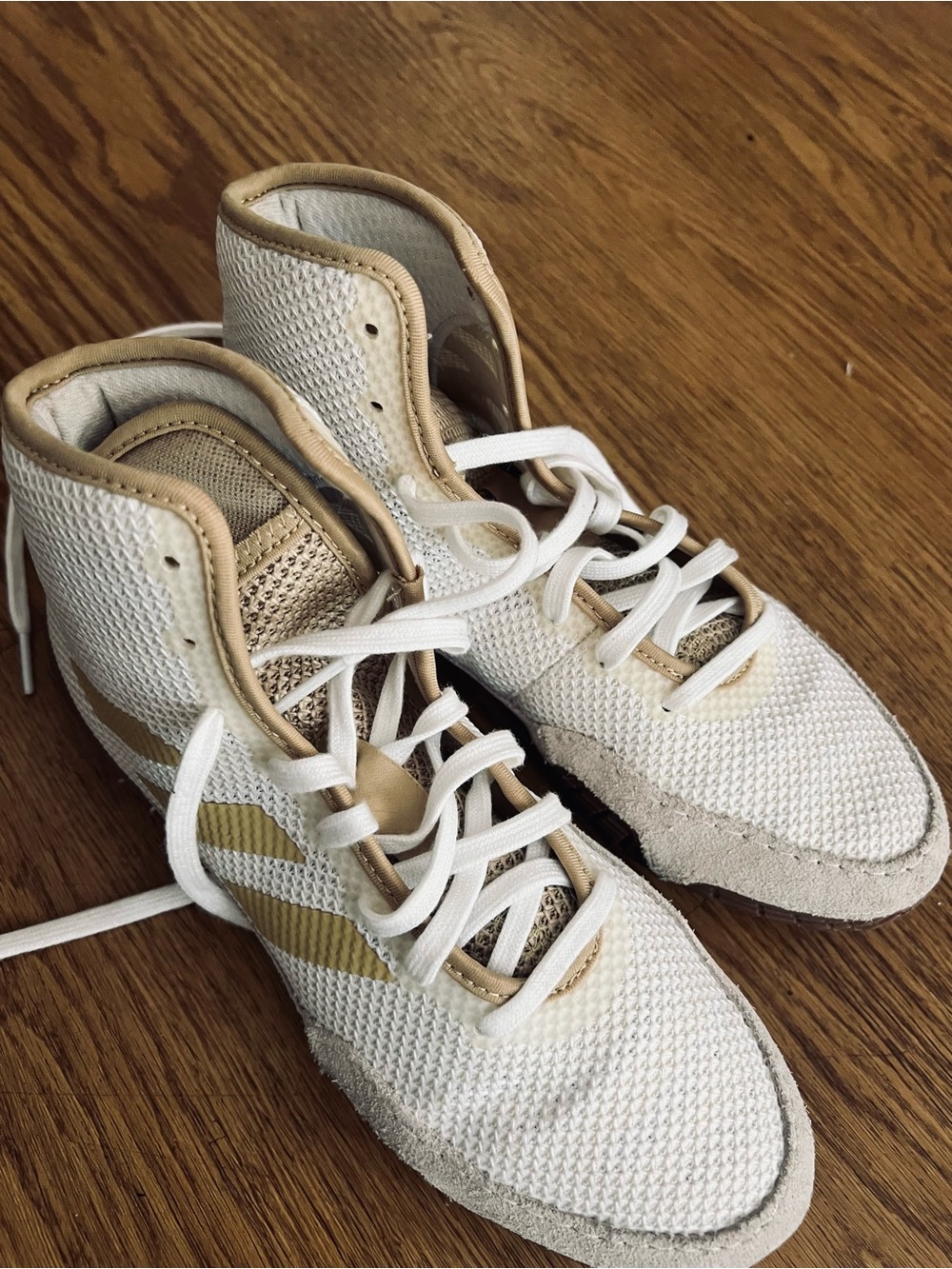 Addidas White and Tan High-Top wrestling Sneakers - worn 4x on stage for hip hop